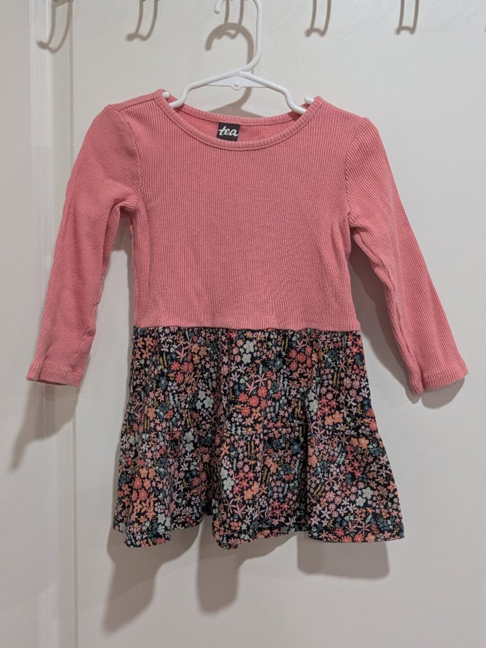 Tea Collection pink long sleeve dress with black floral skirt